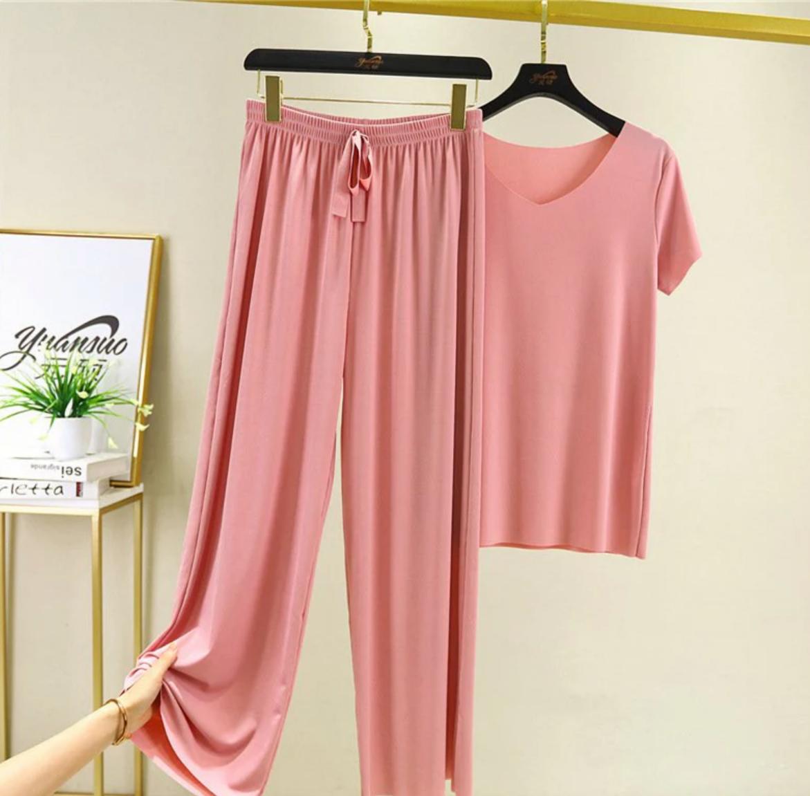 Soft Ice Silk Tee & Wide-Leg Pants Set