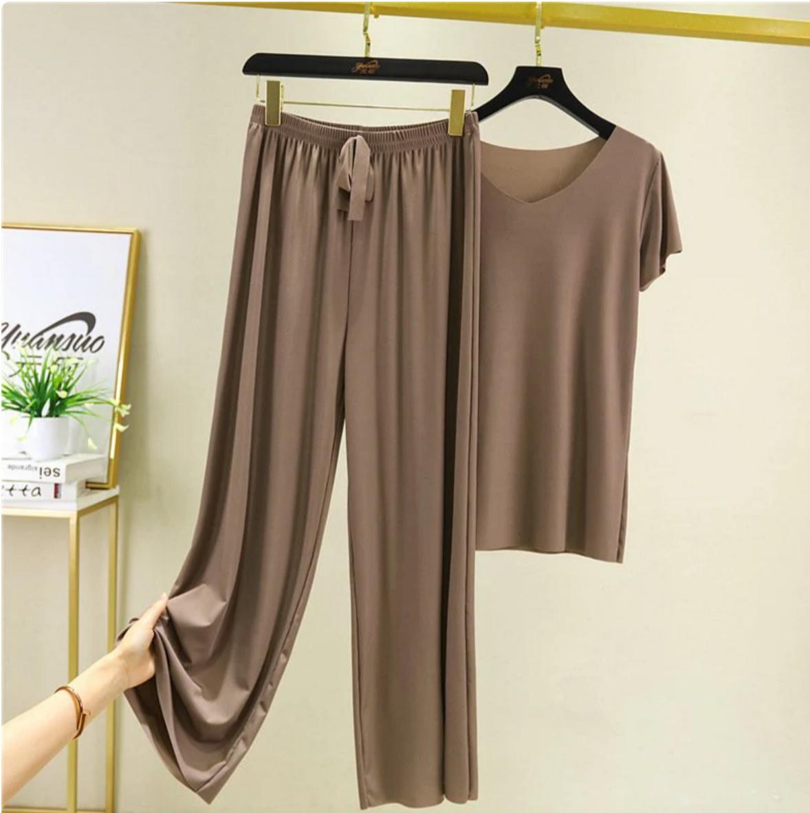 Soft Ice Silk Tee & Wide-Leg Pants Set